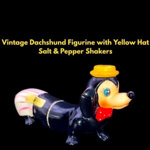 Vintage Dachshund Figurine with Yellow Hat Salt & Pepper Shakers